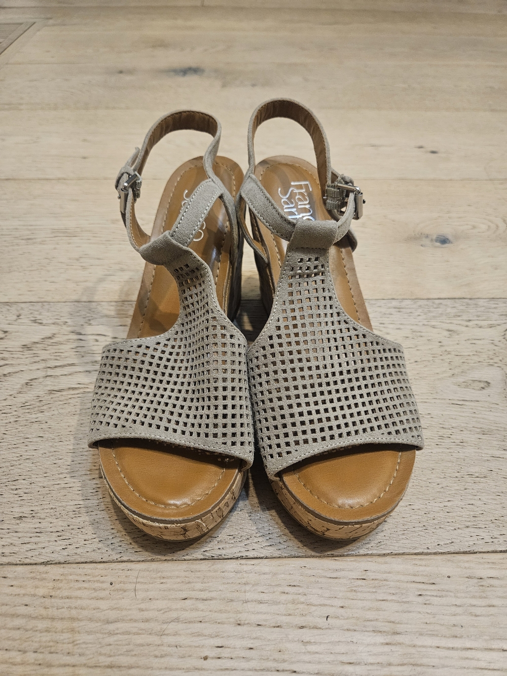 Franco Sarto Clinton 2 Taupe Perforated Suede Wedge Sandals Size 6.5